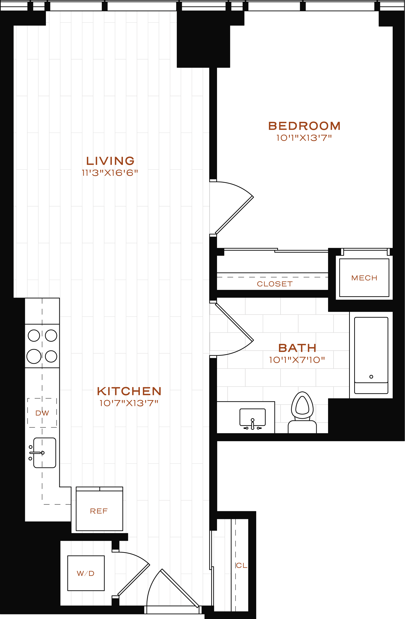 Rendering of the 1 Bed-1 Bath-T-13 Floor Plan